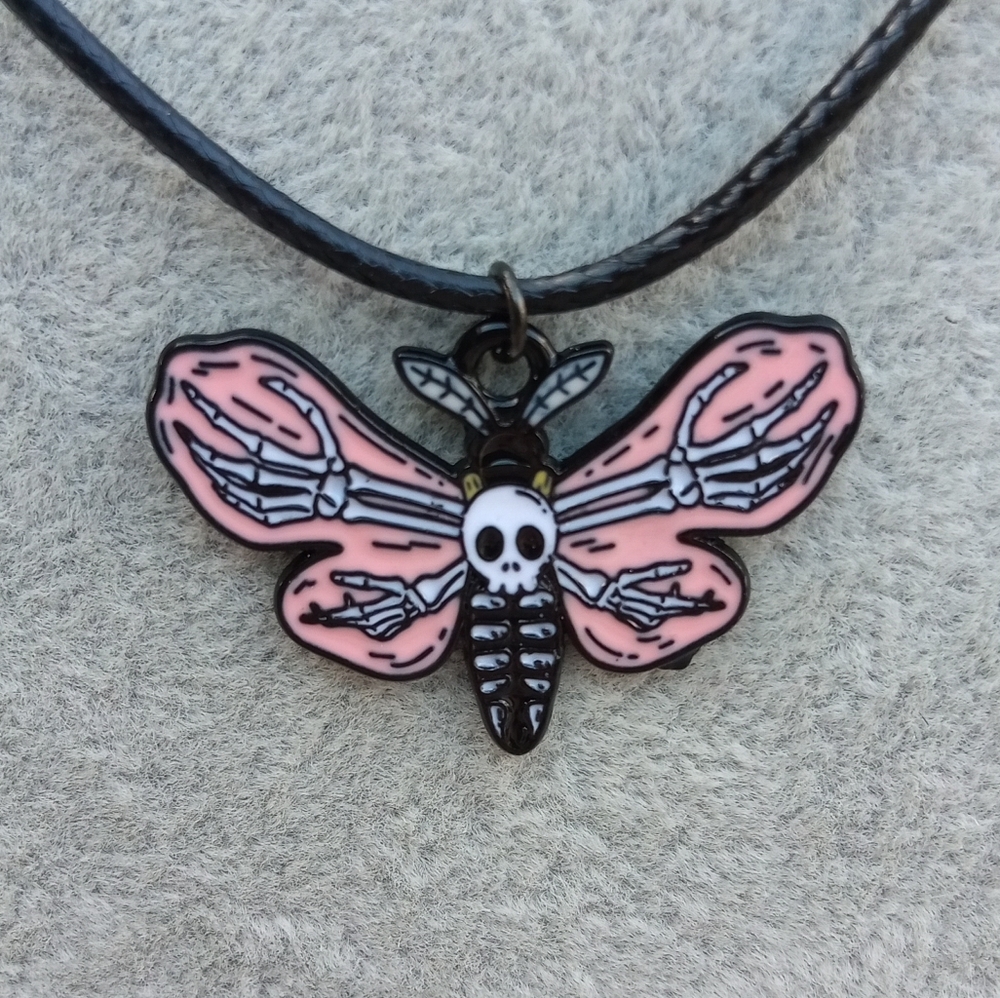 2/$10 Pink and Black Moth Skull Pendant Necklace